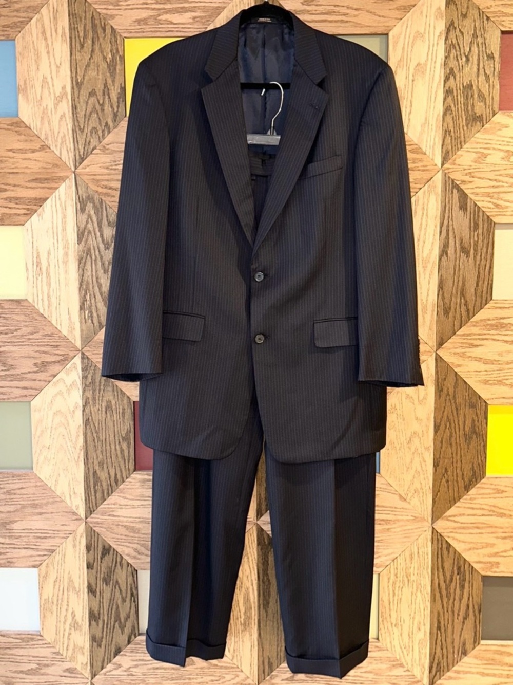 Hart Schaffner & Marx Pinstriped Suit Mens Blue 2Pc Worsted Wool 42L 35x30” USA